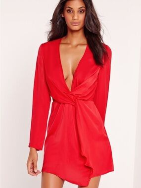 Nasty Gal Missguided Red Long Sleeve Mini Wrap Red Dress